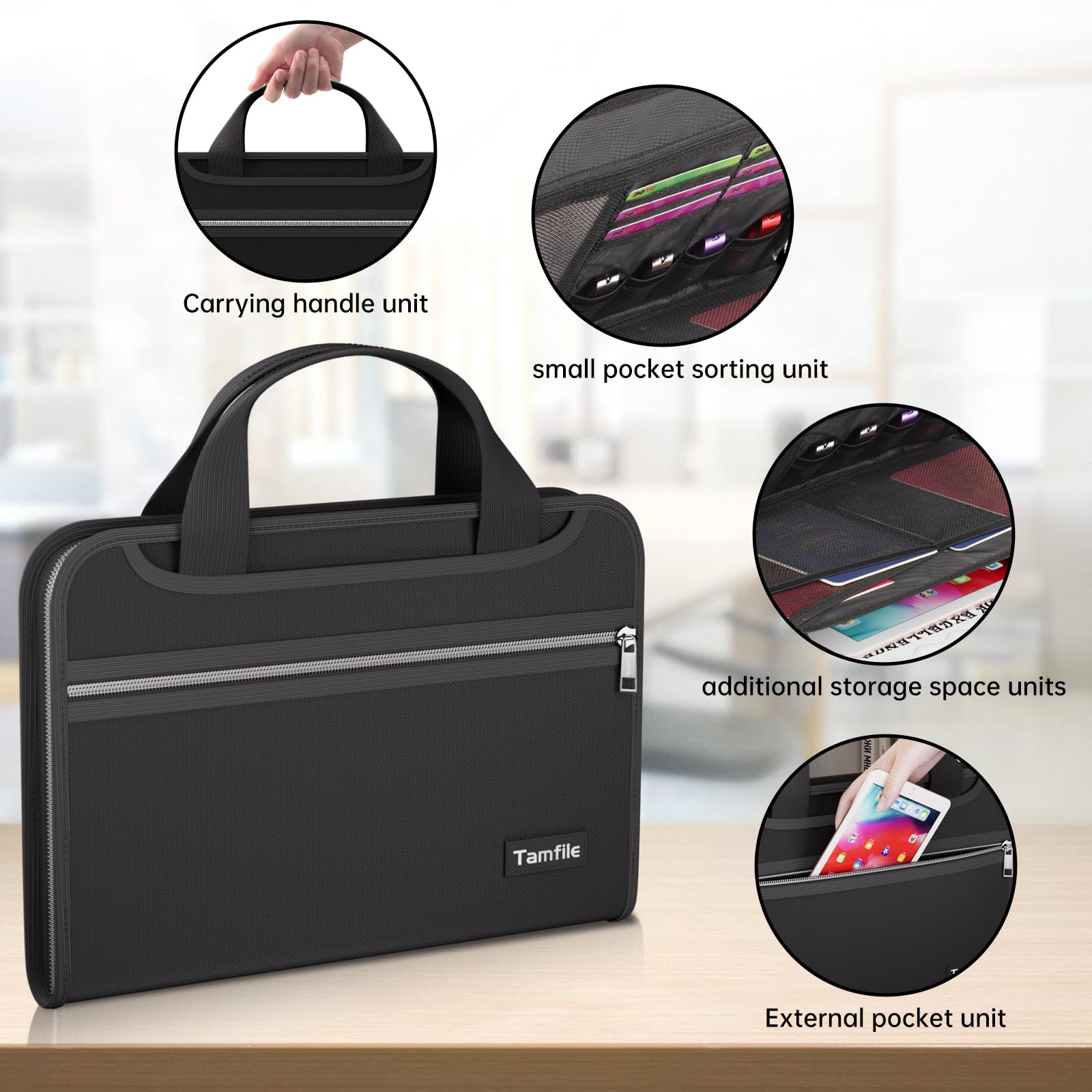 Tamfile Fireproof Accordion File Organizer with Handle, 13 Pocket Expanding File Folder with Zipper & Labels, File Folder with Multi-Pockets Paper Organizer Folder for Letter A4 Files