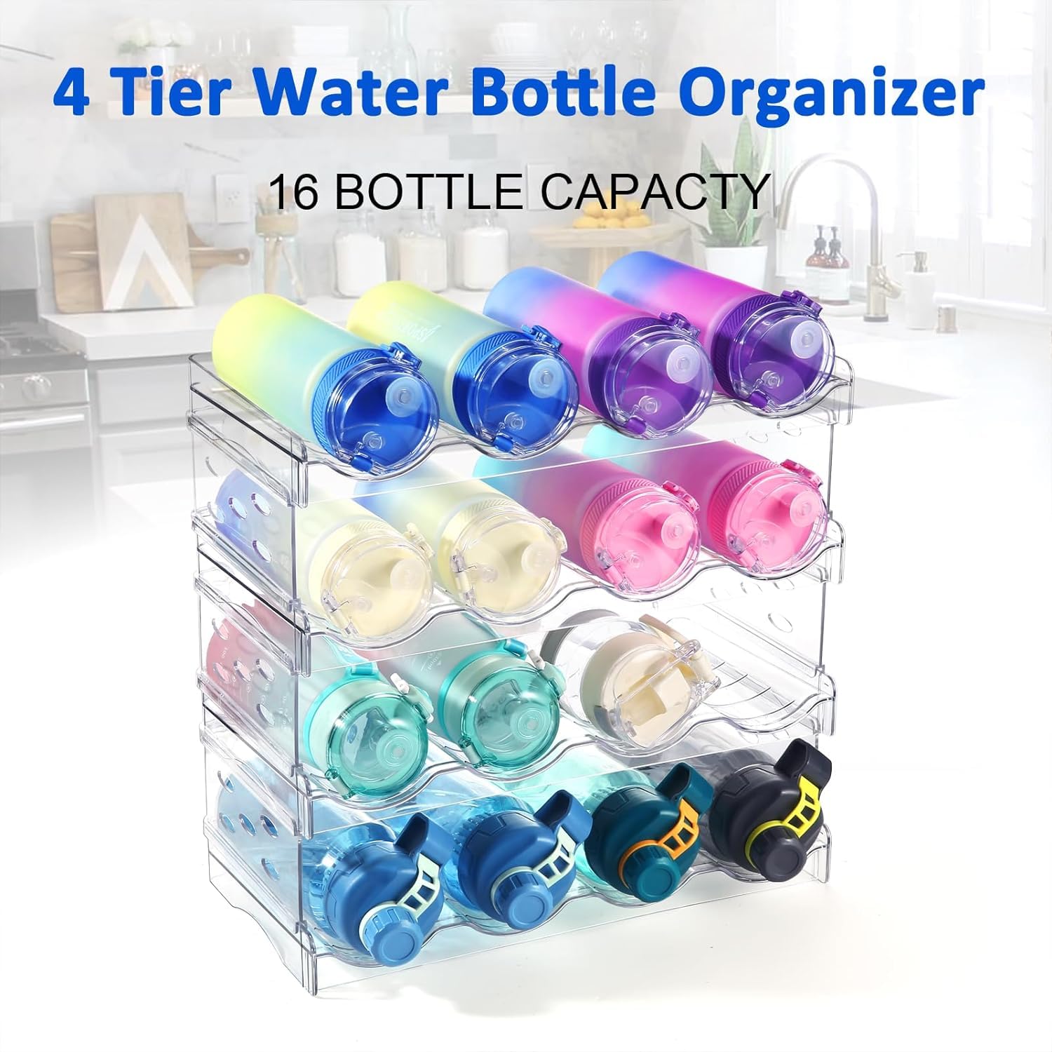 4 Pack Plastic Water Bottle Organizer Rack, Stackable Storage Holder Rack - Water, Wine, and Drink Organizer Shelf for Kitchen Countertop, Cabinet, Pantry, Fridge, Freezer