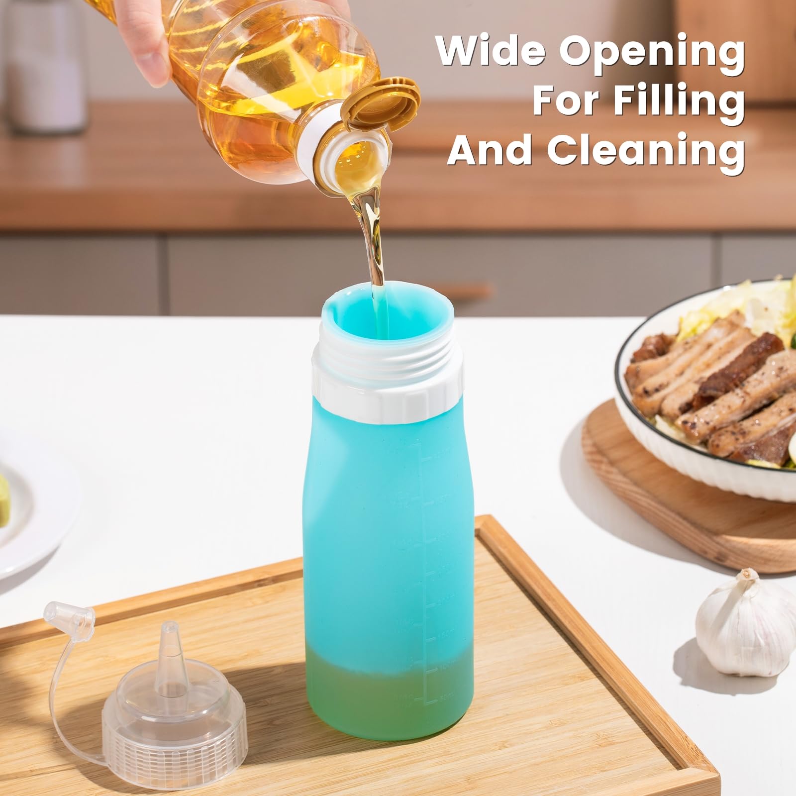 Mrsdry 16oz Condiment Squeeze Bottles for Sauce, BPA Free Leak Proof Squeeze Bottles, Squirt Reusable Silicone Oil Container Dispenser for Ketchup, BBQ, Sauce, Grilling, Salad Dressing (Blue, 16oz)