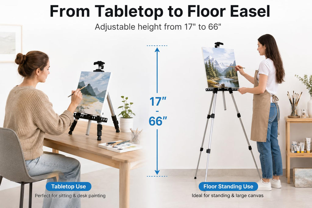 Art Artist Easel Stand for Painting: RRFTOK Aluminum Metal Adjustable Easels for Painting Canvase Height from 17 to 66 Inch - Carry Bag for Table-Top/Floor Drawing and Displaying