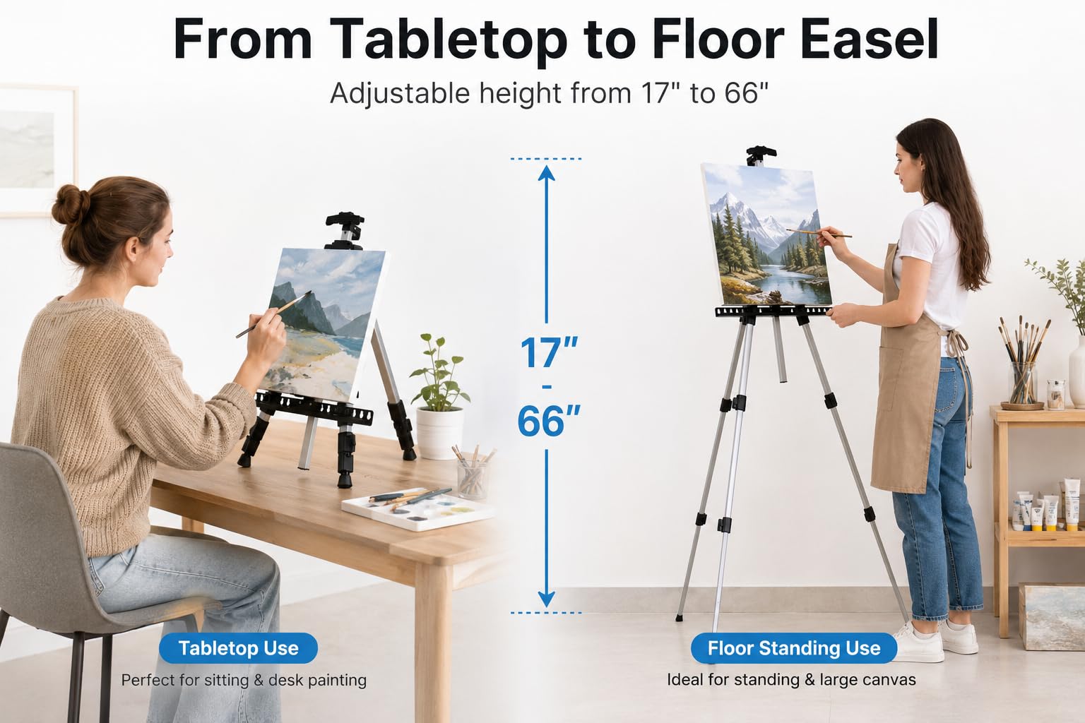 Art Artist Easel Stand for Painting: RRFTOK Aluminum Metal Adjustable Easels for Painting Canvase Height from 17 to 66 Inch - Carry Bag for Table-Top/Floor Drawing and Displaying