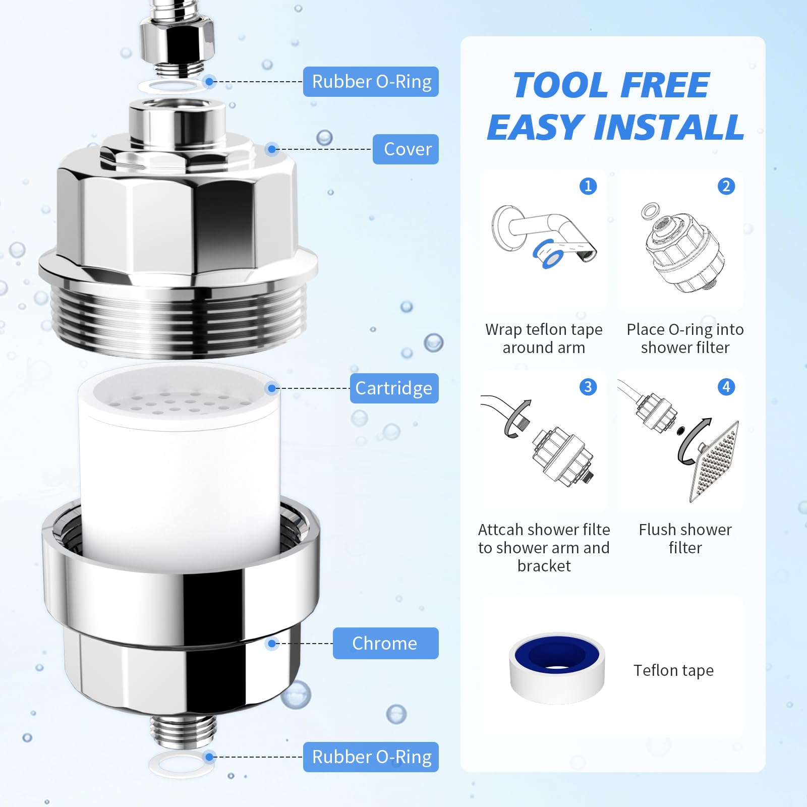 20-Stage Shower Filter-Shower Head Filter for Hard Water, with 1 Replaceable Cartridges, High Output Shower Water Filter for Removing Chlorine and Fluoride, Polished Chrome