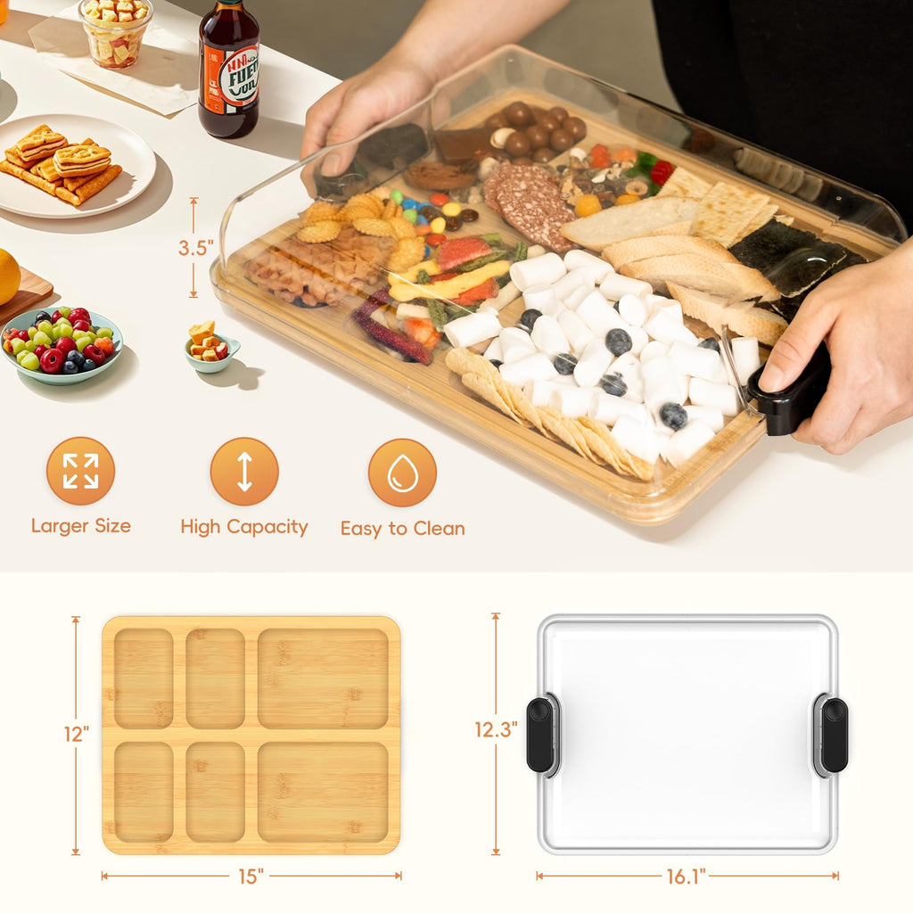 2-in-1 Charcuterie Board with Lid, Large Cutting Board for Kitchen, Travel Portable Bamboo Cheese Board, Covered Serving Tray, House Warming Birthday Gifts for Women Men Mom Dad