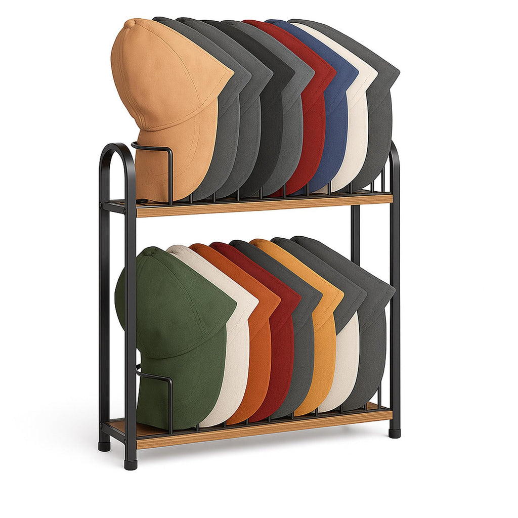 SWTYMIKI Hat Stand for Baseball Caps - 2 Tier Wood & Metal Removable Tabletop Hat Organizer Storage Display Rack, Hat Rack Holds up to 20 Caps for Desk, Closet Shelf, Dresser