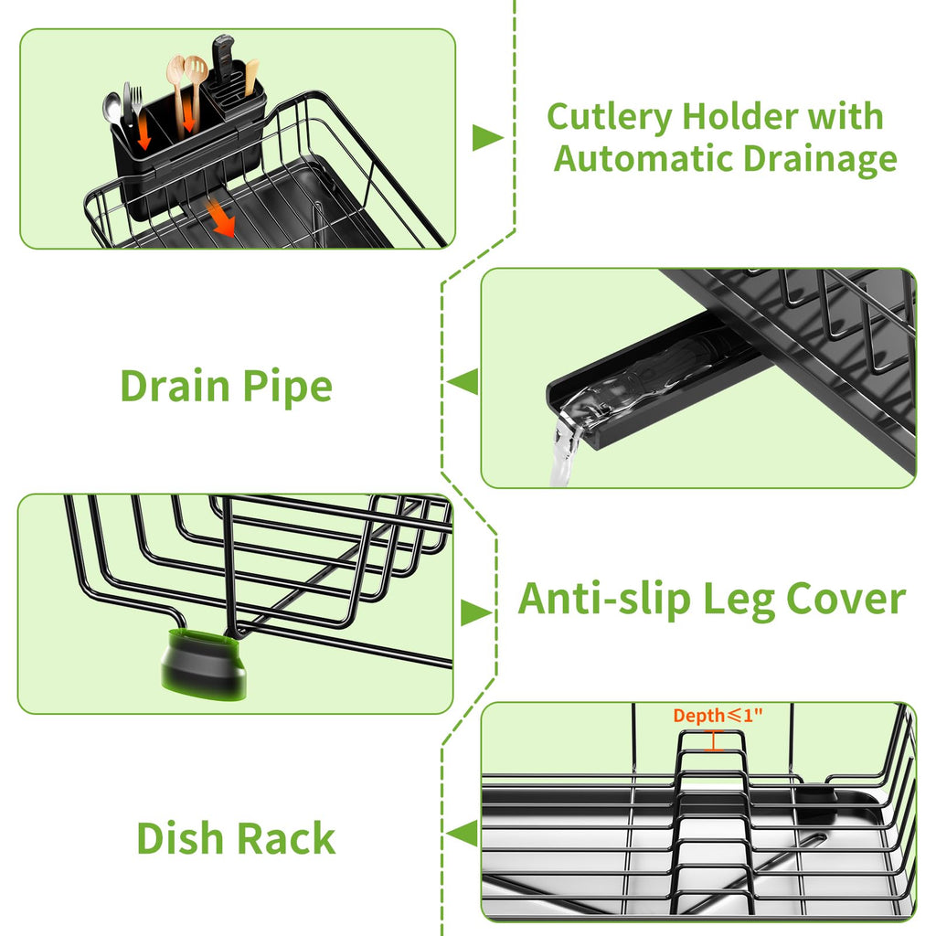 Small Dish Drying Rack, Space Saving Dish Racks for Kitchen Counter, Kitchen Organizer Dish Drainer with Cutlery Holder for Spoons and Forks, Black