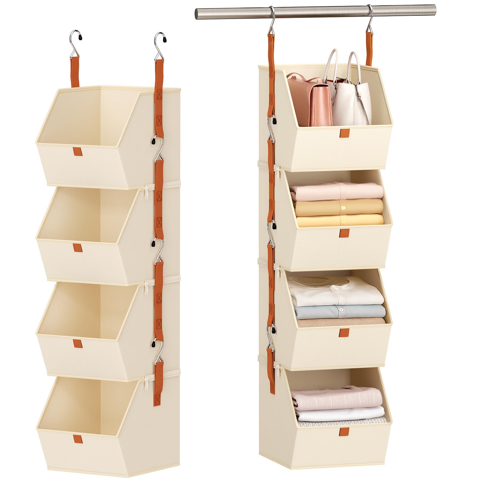 DIMJ Hanging Closet Organizer 4 Tier - Detachable Clothes Shelf Storage Modular Closet System, Fabric Storage Bins Bedroom Organization, Collapsible Baskets for Home, Dorm, Rv - Beige