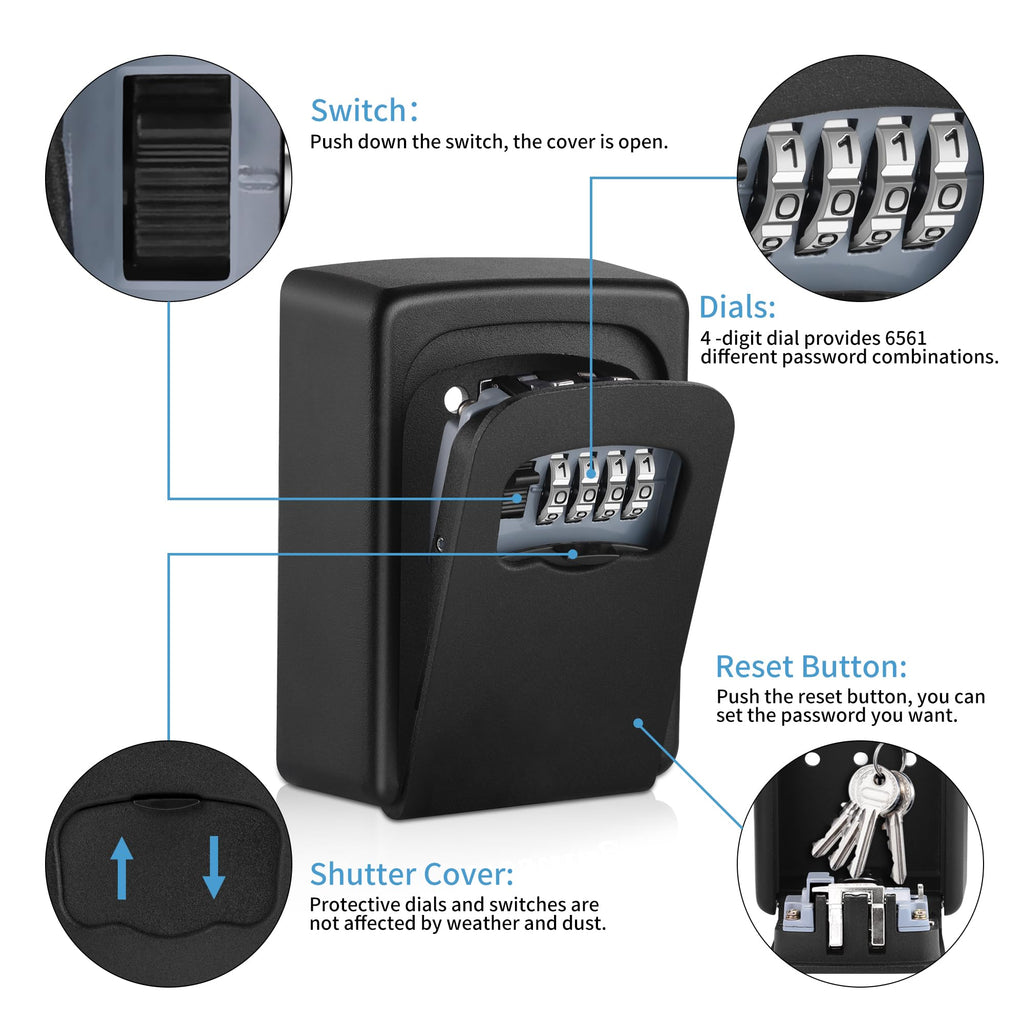 Key Lock Box for Outside - Sturdy and Durable Lock Box for House Key,5 Key Capacity Lockbox for Keys Outdoor,Waterproof Emergency Spare Key Lockbox with Resettable Code for Home,Garage,Airbnb