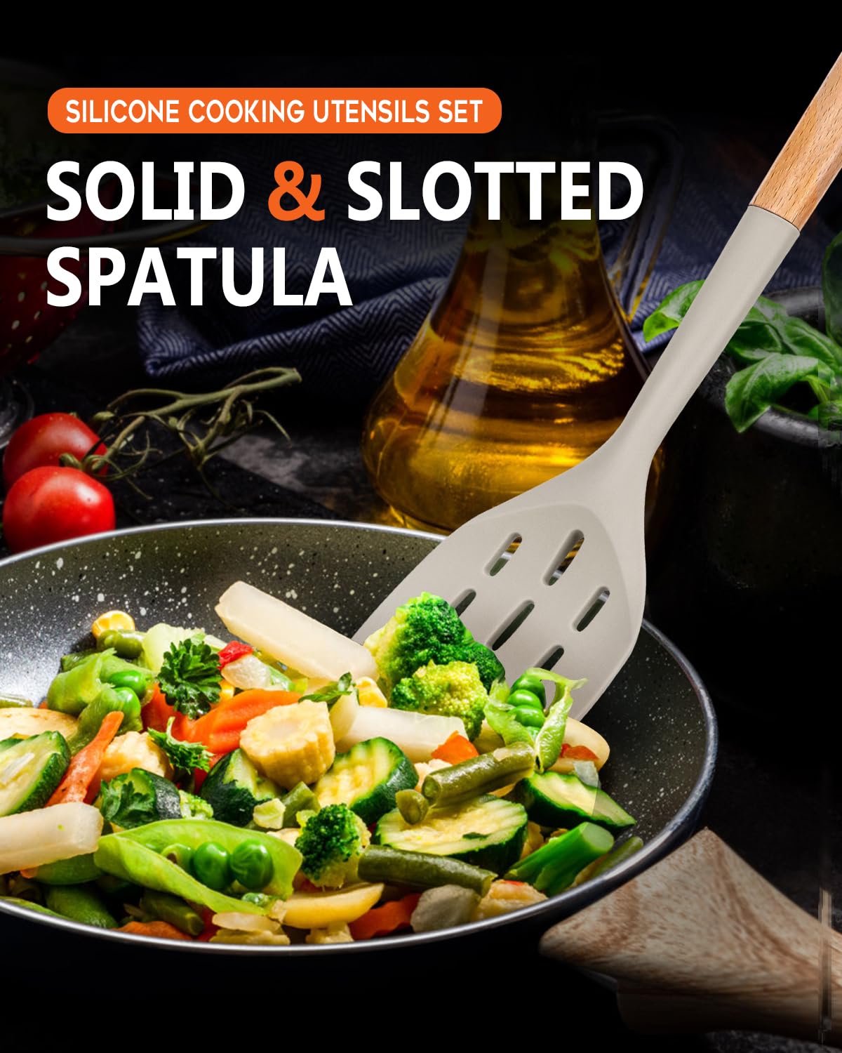 Pack of 2 Silicone Spatula, Non Stick Cooking Utensil Set Stainless Steel Handle Kitchen Turner for Baking Mixing Grilling Serving Food Heat Resistant Non Scratch Hooks Included (Khaki)
