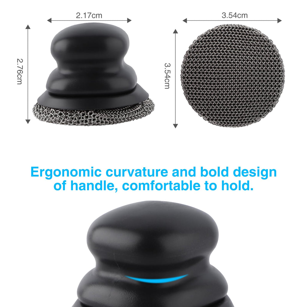 Upgraded Cast Iron Skillet Scrubber with Ergonomic Handle, Chain Mail Cleaning Scrubber for Cast Iron Pans Griddle Cleaning Brush with Pan Grill Scrapers