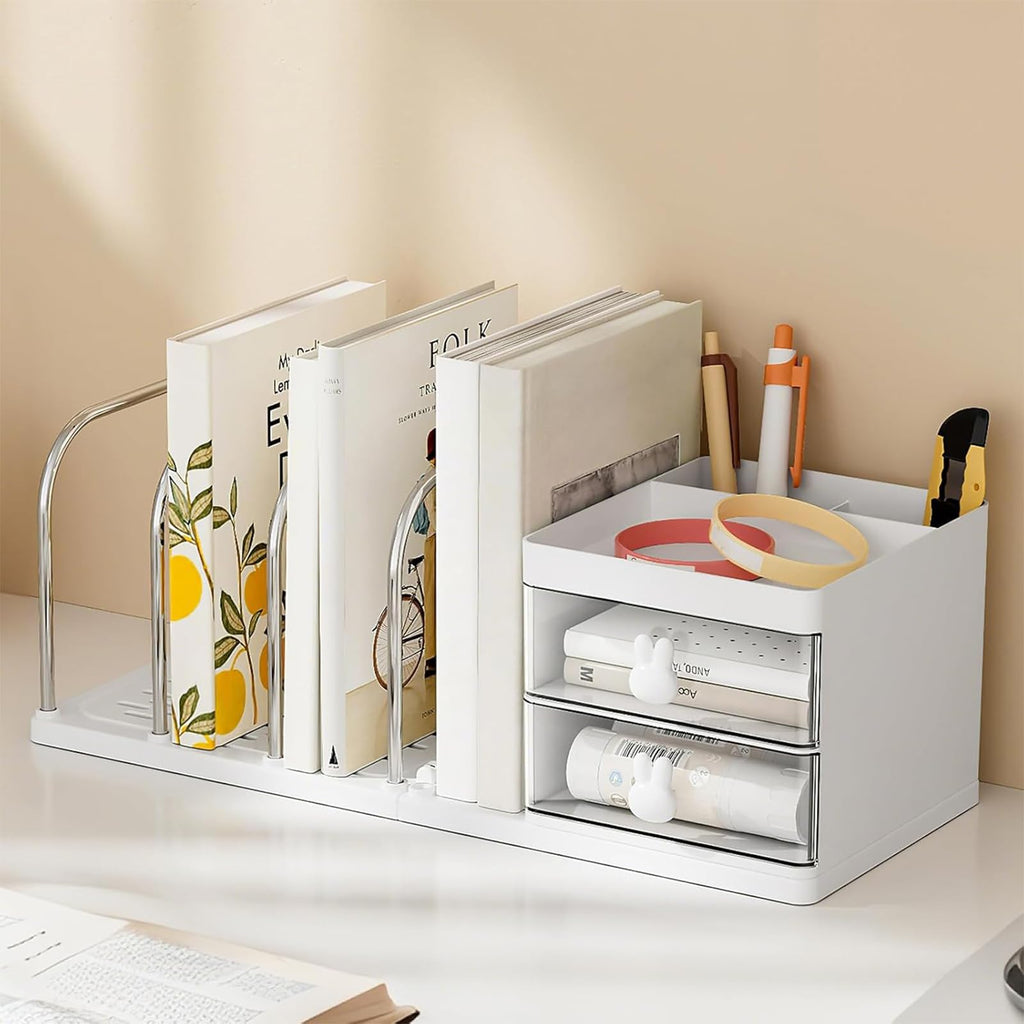 Desk Organiser with File Holder & Drawers, Versatile Desk Tidy Stationery Storage Pen Holder, Large Capacity Desktop Organizer for School Office Home (White)