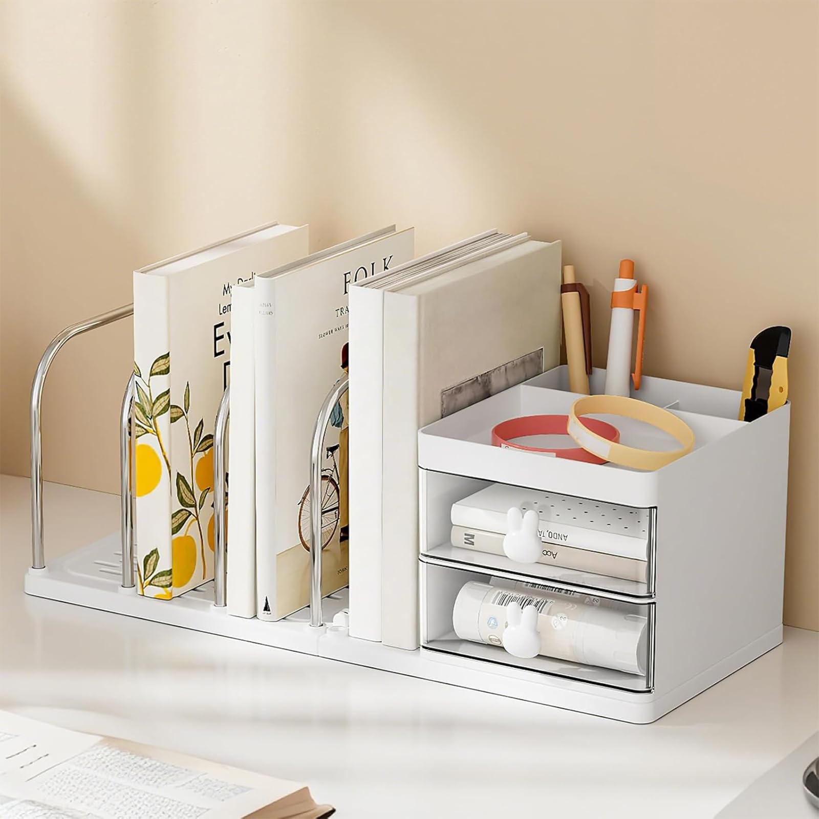 Desk Organiser with File Holder & Drawers, Versatile Desk Tidy Stationery Storage Pen Holder, Large Capacity Desktop Organizer for School Office Home (White)