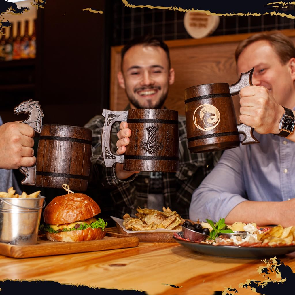 TESLYAR Beer Mug 600 ML - 20 OZ - Viking Mug - Tankard Mug - Beer Stein - Wooden Beer Mug - Handmade Gifts for Men | Fathers Day | Christmas | Birthday Gifts | Celtic Men Mugs - Thors Hammer
