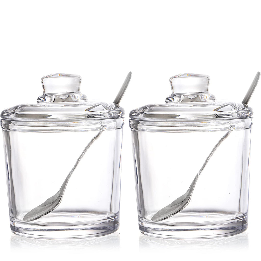 Frcctre Set of 2 Clear Glass Sugar Bowl, 6 Ounces Sugar Jar with Spoon and Lid, Salt Spice Pepper Bowl Seasoning Jar Condiment Pots Dispenser Container for Home Kitchen Restaurant Coffee Bar