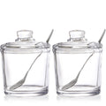 Frcctre Set of 2 Clear Glass Sugar Bowl, 6 Ounces Sugar Jar with Spoon and Lid, Salt Spice Pepper Bowl Seasoning Jar Condiment Pots Dispenser Container for Home Kitchen Restaurant Coffee Bar