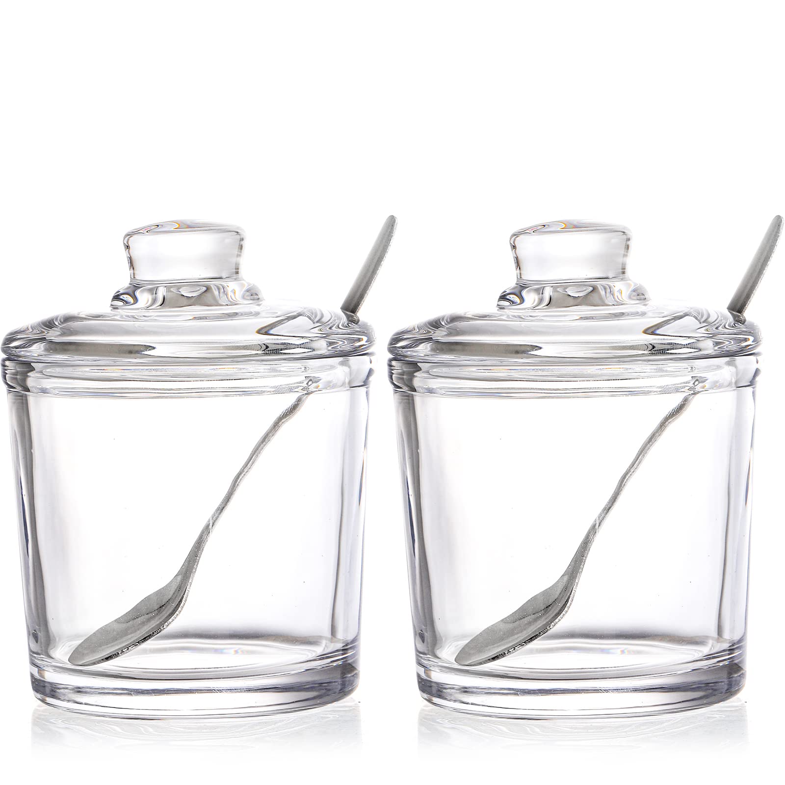 Frcctre Set of 2 Clear Glass Sugar Bowl, 6 Ounces Sugar Jar with Spoon and Lid, Salt Spice Pepper Bowl Seasoning Jar Condiment Pots Dispenser Container for Home Kitchen Restaurant Coffee Bar