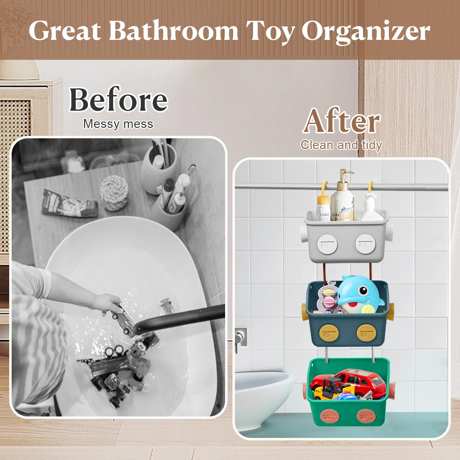 Bath Toy Storage Organizer Basket, 3 Pack Cute Robot Bathtub Shower Toy Organizer, Wall Mounted Hanging Bath Toy Holder with Hooks, for Tub Laundry