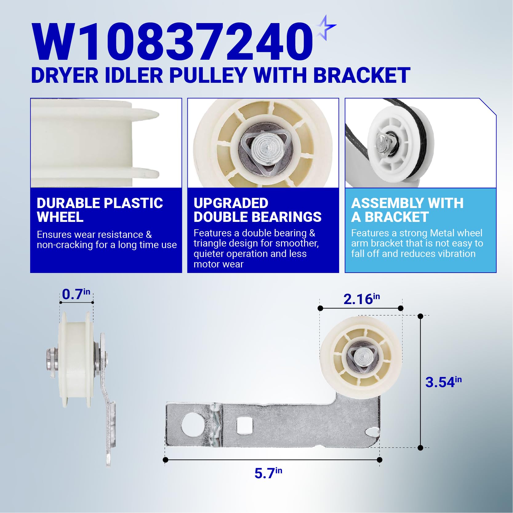 BlueStars 4392067 Dryer Repair Kit and W10837240 Dryer Idler Pulley - For Whirlpool Cabrio Duet Maytag Bravos XL Kenmore Elite Dryer - Includes WPW10314173 Drum Roller 661570V Belt 279640 Idler Pulley