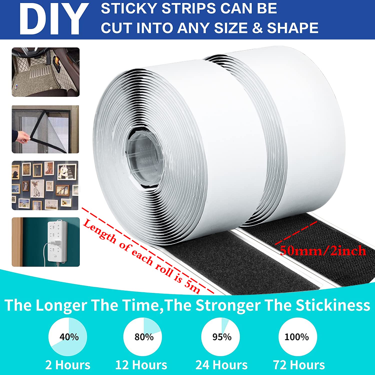 16.4 Feet x 2 Inch Hook and Loop Tape Roll with Heavy Duty Adhesive, Couch Cushion Tape, Strong Hook and Loop Strips with Sticky Back for Indoor Outdoor Home, Office and DIY Crafts