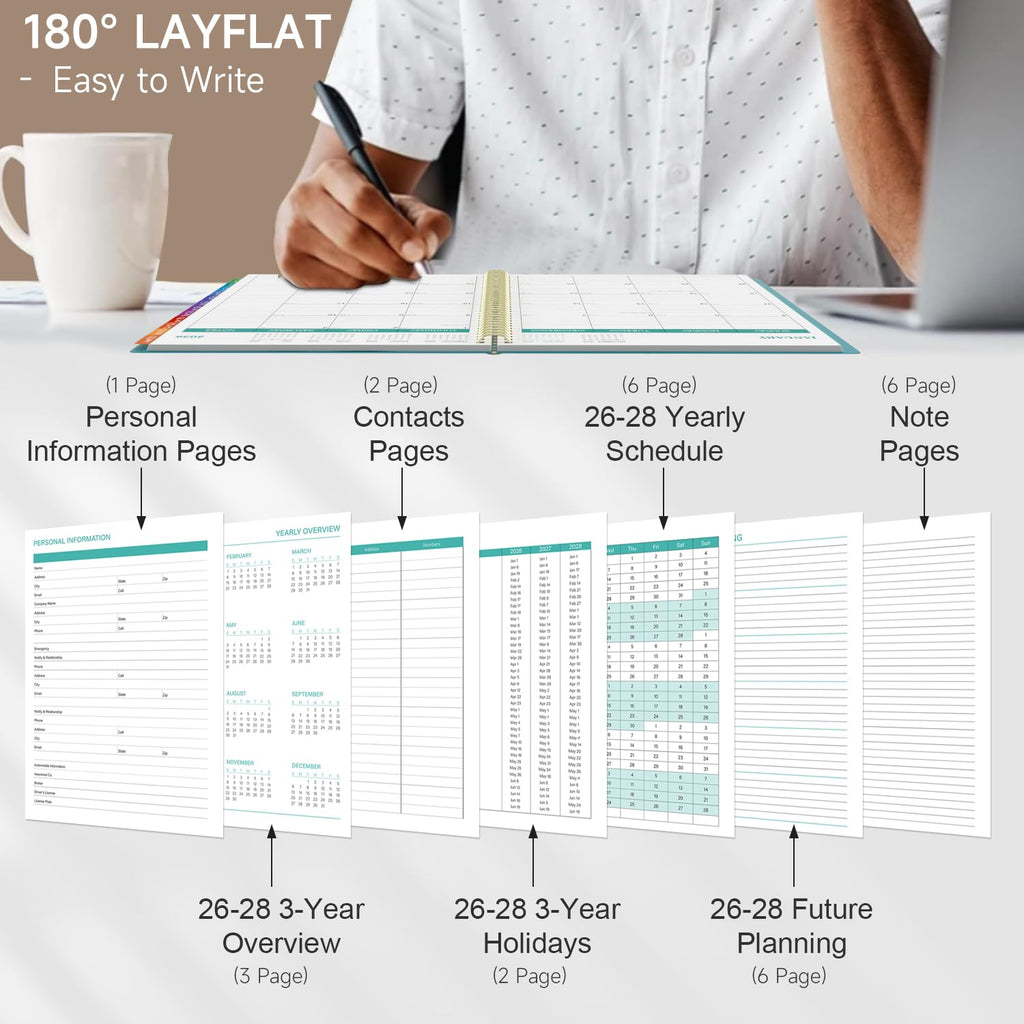 Monthly Planner 2026-2028, 36 Months Calendar Planner 2026-2028 Coated Colour Tabs, from Jan 2026 – Dec 2028, A4 (8.5'' x 11'') with Ruled Spread, Hardcover, Spiral Wirebound, Holidays, Notes