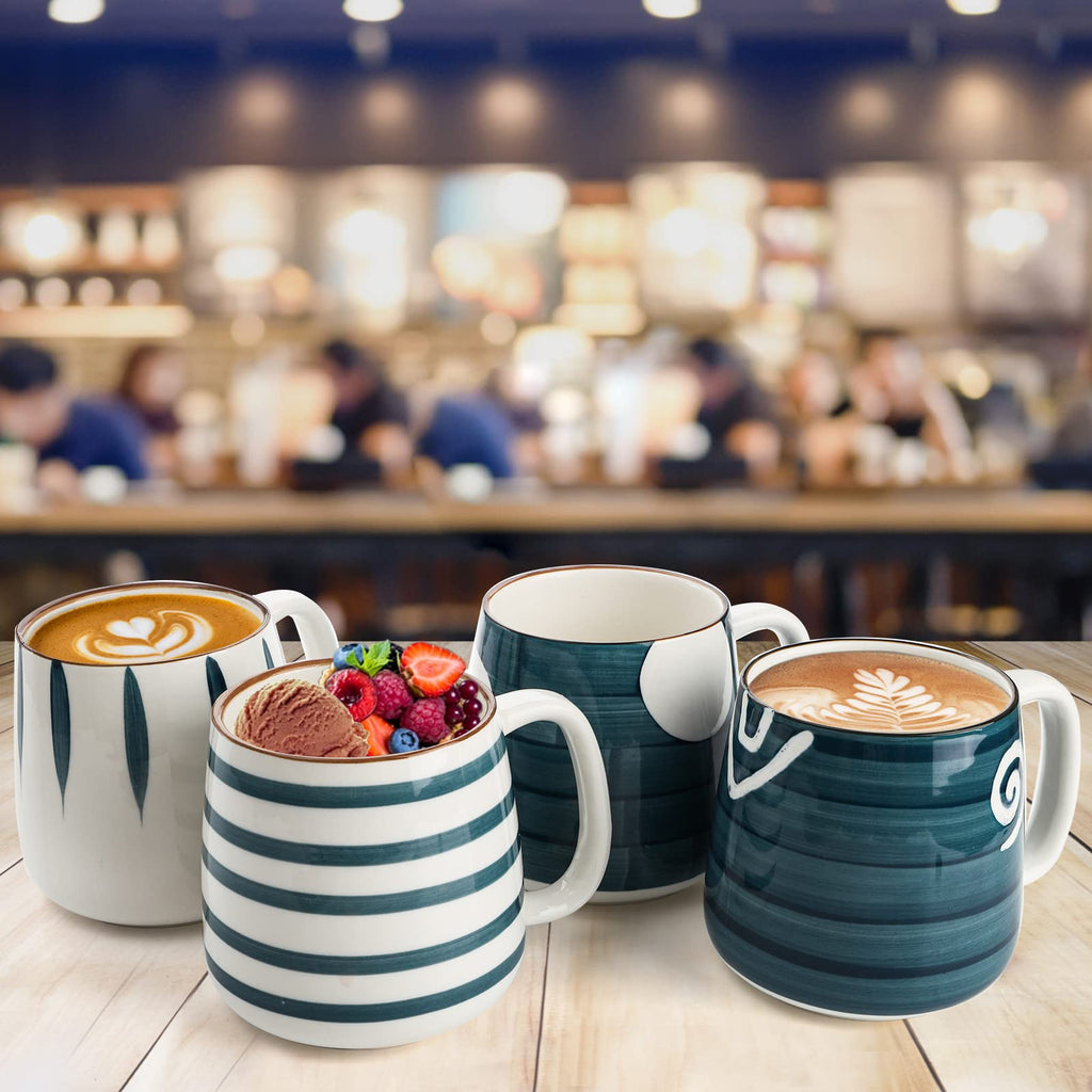DEAYOU Set of 4 Porcelain Coffee Mugs, 500 ml/17 Oz Ceramic Coffee Cups with Handles, Large Hand-Painted Tea Cups for Cappucino, Milk, Latte, Cocoa, Hot or Cold Drinks, Microwave & Dishwasher Safe