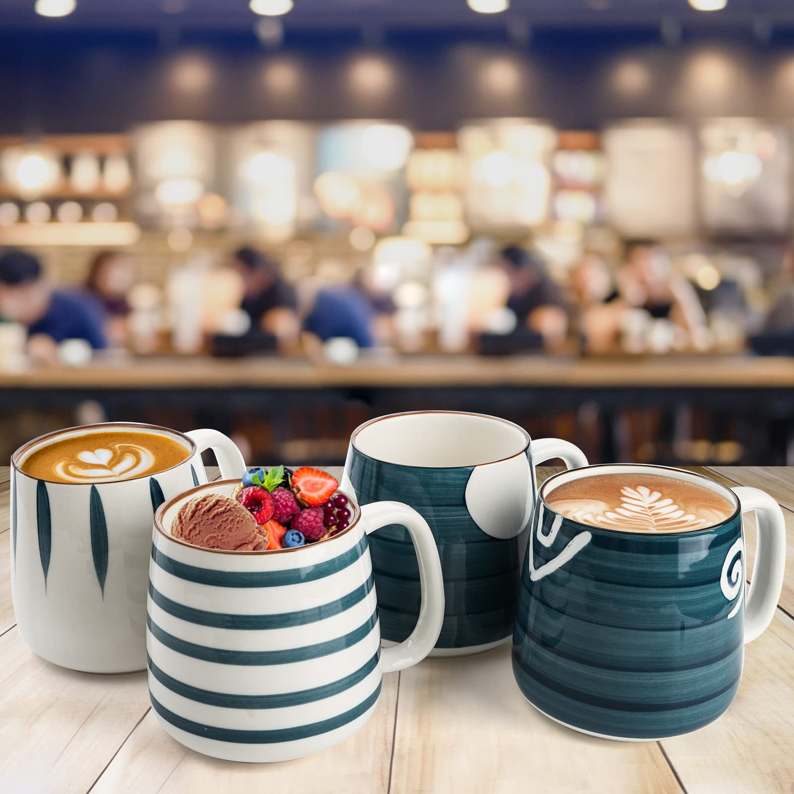 DEAYOU Set of 4 Porcelain Coffee Mugs, 500 ml/17 Oz Ceramic Coffee Cups with Handles, Large Hand-Painted Tea Cups for Cappucino, Milk, Latte, Cocoa, Hot or Cold Drinks, Microwave & Dishwasher Safe