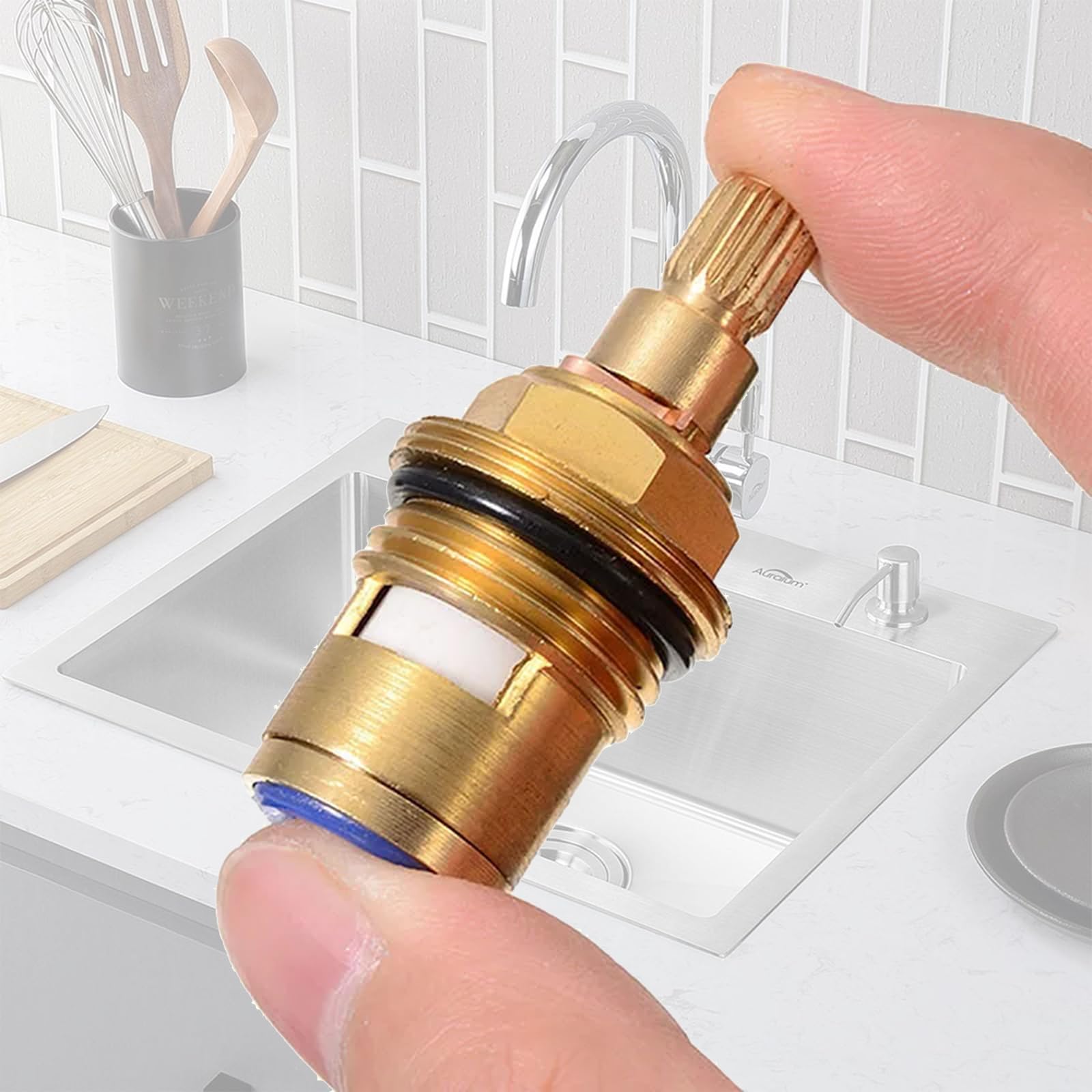 ECOMAID 2Pcs Hot and Cold Ceramic Disc Stem Quarter Turn 1/2, 53mm x 12mm Spline Length 20 Teeth Kitchen Ceramic Tap Cartridge for Bathroom Kitchen Tap