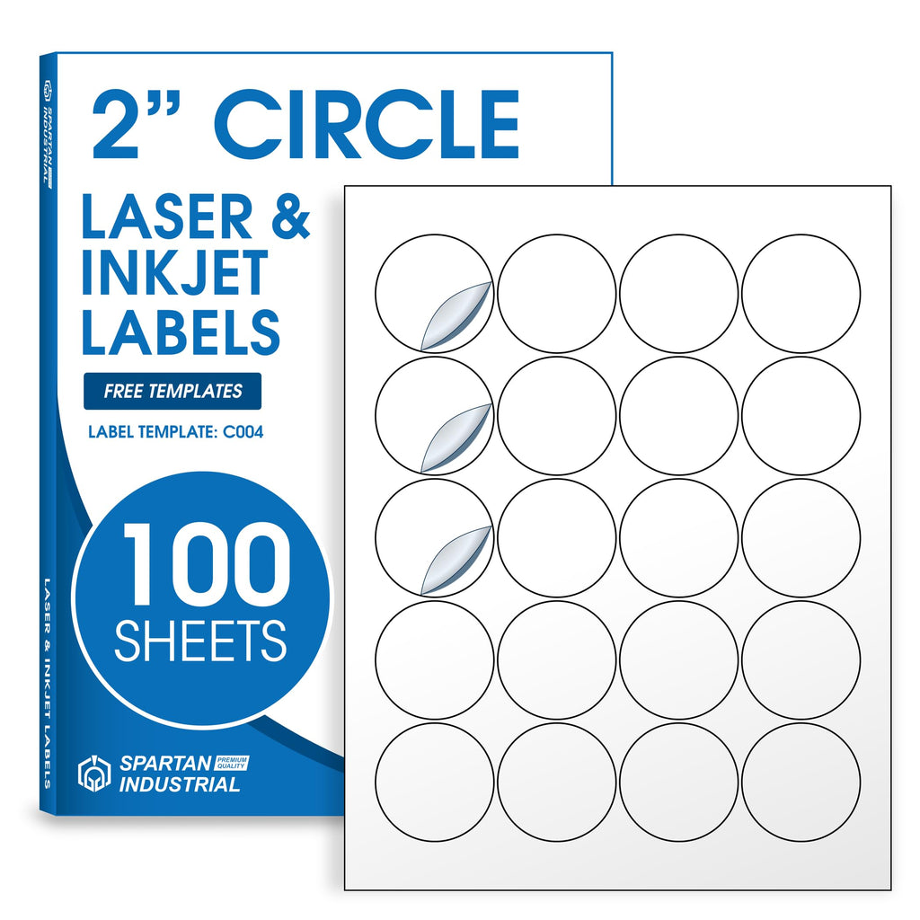 2" Circle Printable Labels Compatible with Inkjet and Laser Printers - 100 Sheets, 2000 Matte White Round Stickers for Product Labeling, Packaging, Organization - Spartan Industrial Template C004