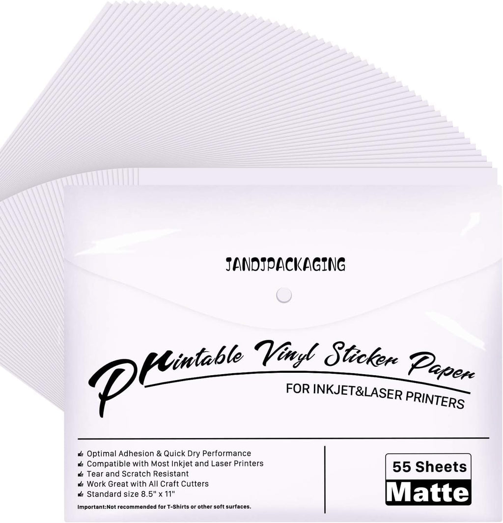 Printable Vinyl for Inkjet Printer - 55 Pack Matte White Printable Vinyl Sticker Paper Dries Quickly Vivid Colors, Holds Ink Well, Tear Resistant, Inkjet & Laser Printer by JANDJPACKAGING
