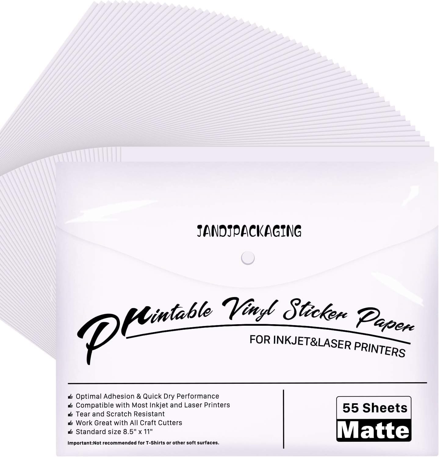 Printable Vinyl for Inkjet Printer - 55 Pack Matte White Printable Vinyl Sticker Paper Dries Quickly Vivid Colors, Holds Ink Well, Tear Resistant, Inkjet & Laser Printer by JANDJPACKAGING