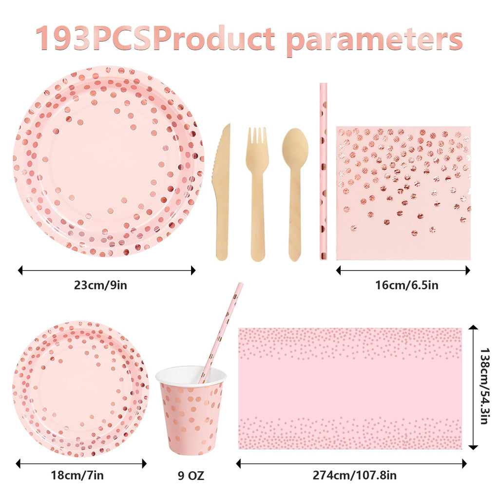 Nkaiso193Pcs Pink and Rose Gold Party Tableware, Party Paper Plates and Cutlery Set Includes Plates Cups Dinnerware Napkins, for Birthday Wedding Babyshower Decorations Supplies-24 Guests