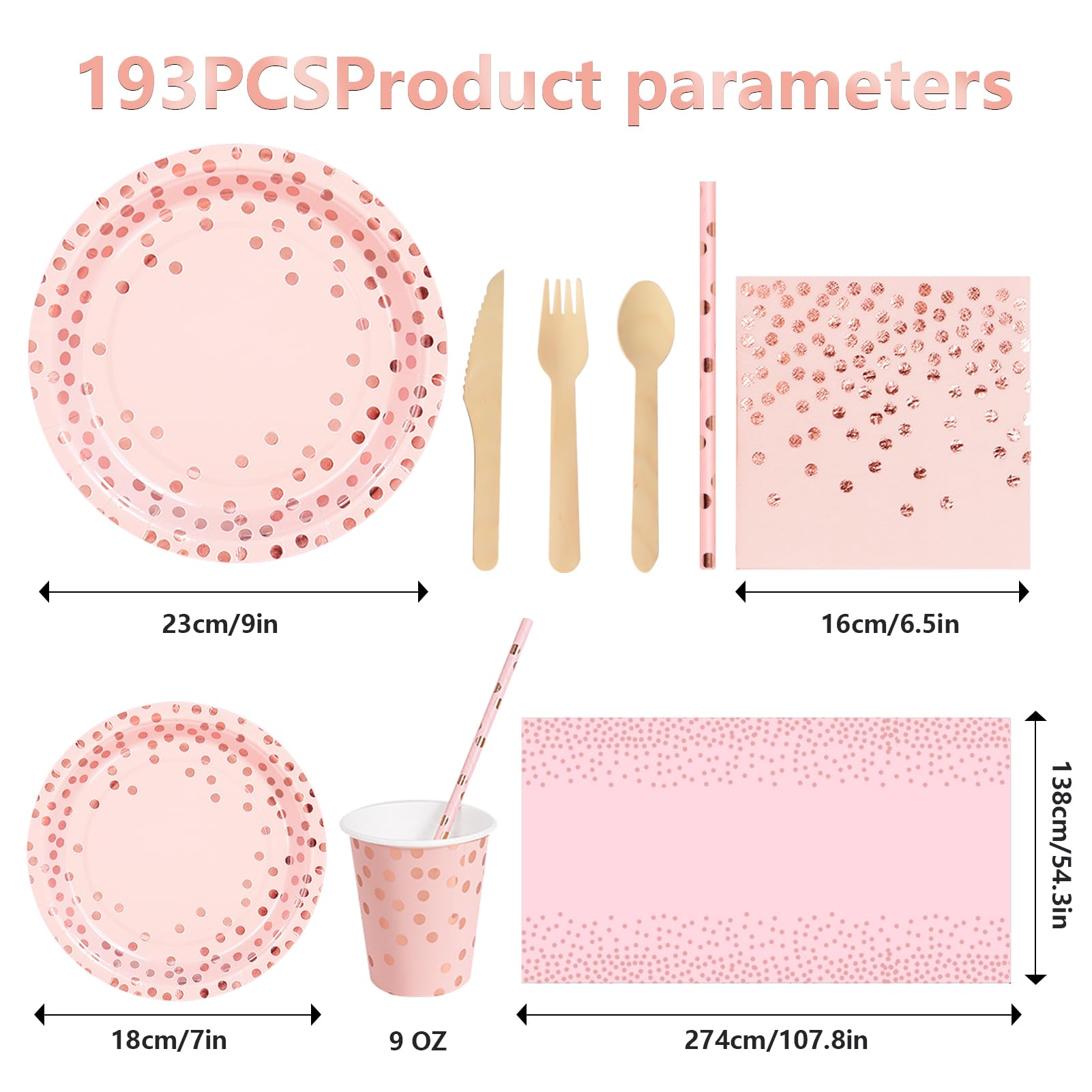 Nkaiso193Pcs Pink and Rose Gold Party Tableware, Party Paper Plates and Cutlery Set Includes Plates Cups Dinnerware Napkins, for Birthday Wedding Babyshower Decorations Supplies-24 Guests