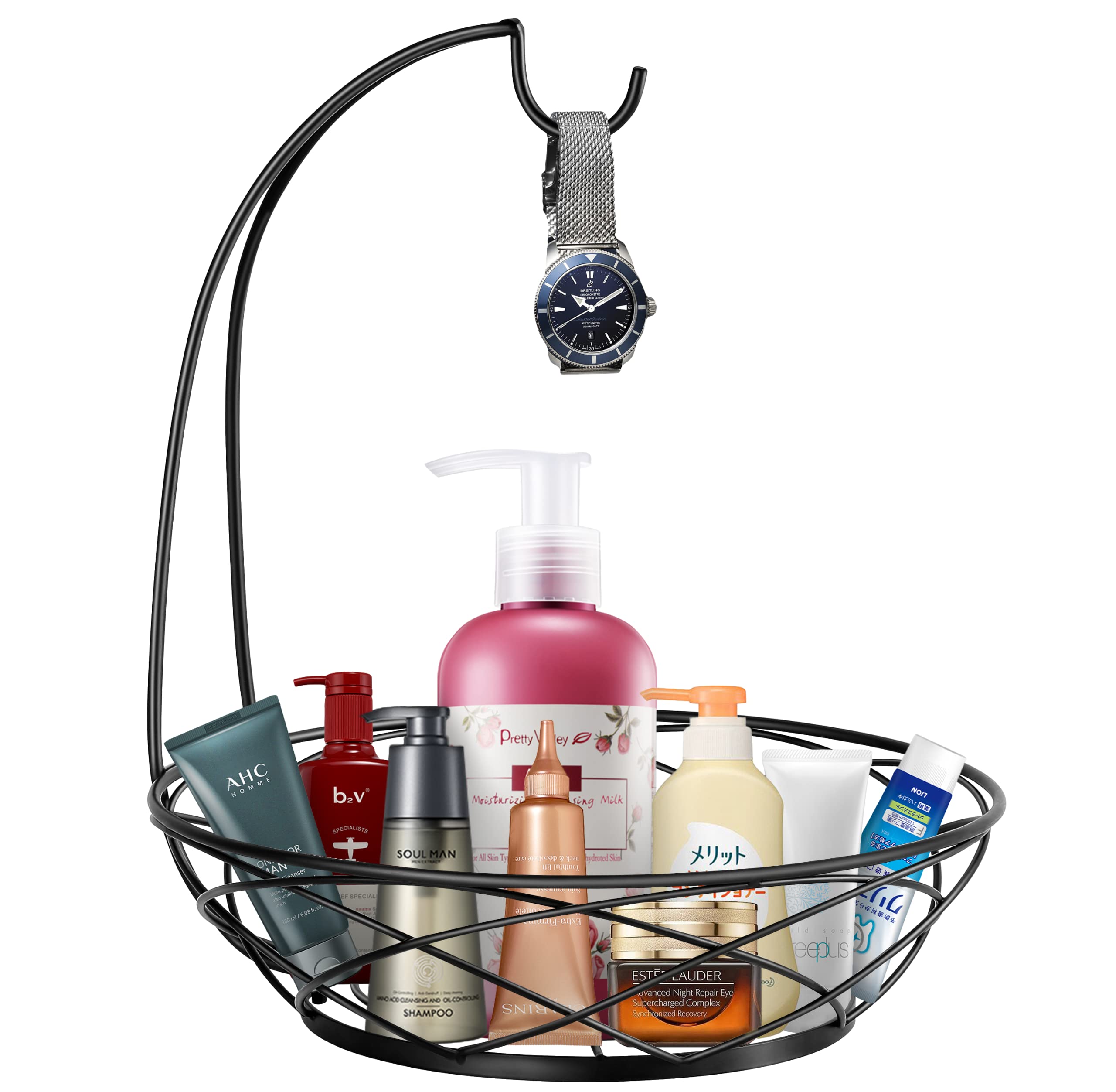 Fruit Bowl with Banana Hanger - Fruit Basket for Kitchen Counter with Holder - Black Chrome