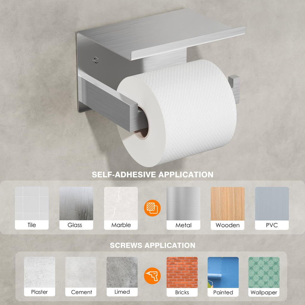 Auxmir Toilet Paper Holder with Shelf, SUS304 Stainless Steel Toilet Paper Roll Holder, Self Adhesive or Screw in Wall Mounted Toilet Tissue Holder for Bathroom Kitchen Washroom RV, Brushed Nickel