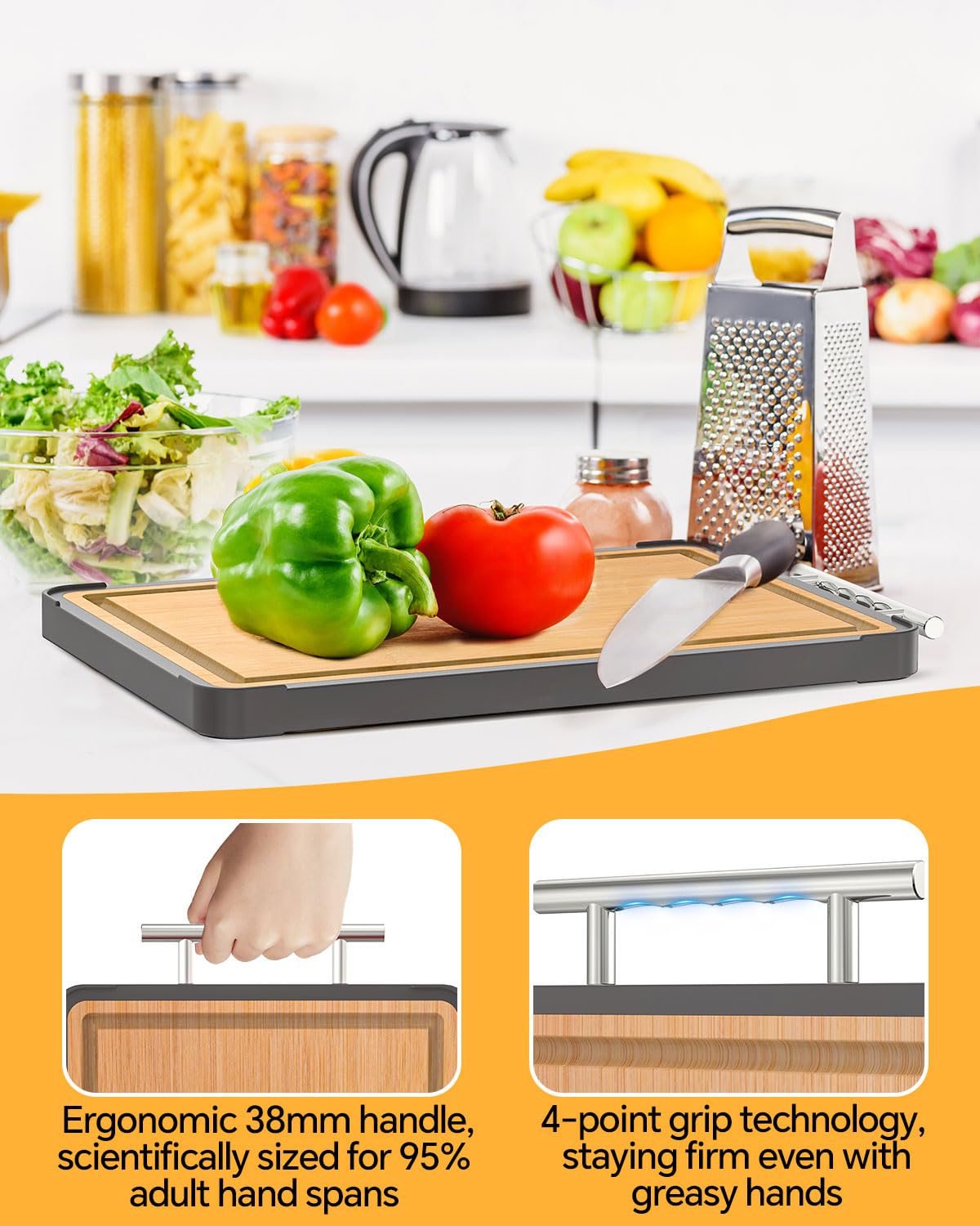 Titanium Bamboo Cutting Board for Kitchen, Double-Sided Titanium & Bamboo Chopping Block, Reversible Meat and Vegetable Prep Surface, Easy to Clean (16×11)