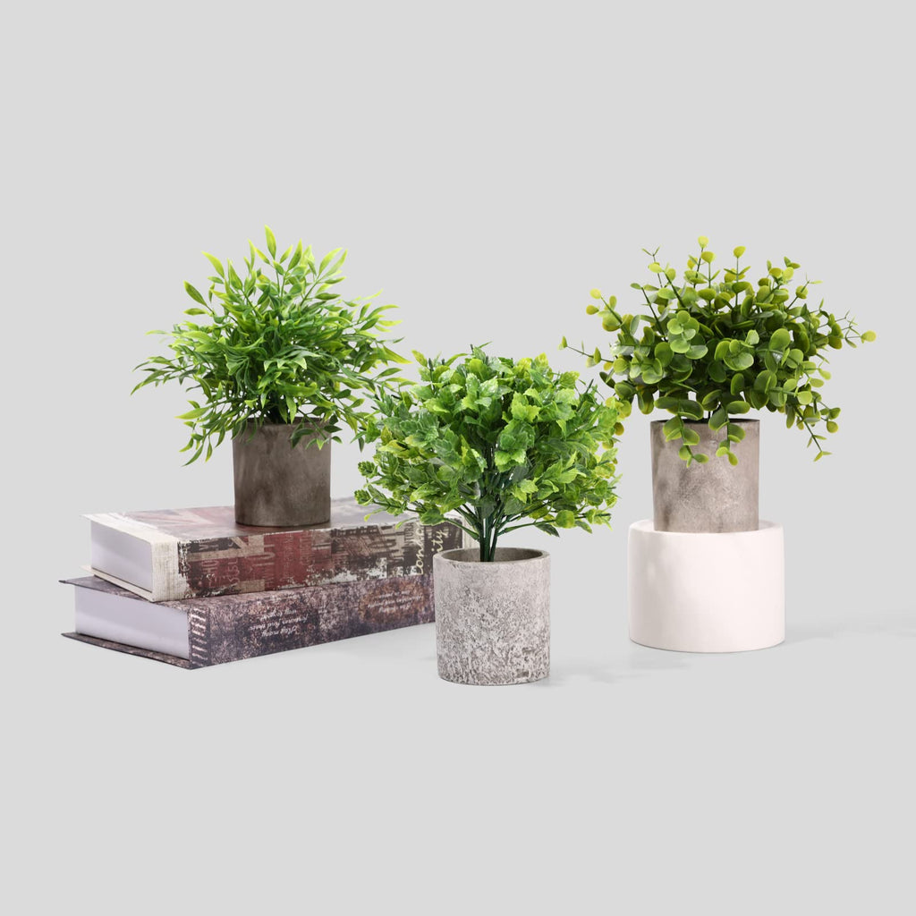 Decorative Artificial Plants in Pots Set of 3-Mini Potted Fake Plants in Pots,Plastic Eucalyptus Plants,Bamboo,Turtle Potted Faux Plants Indoor for Office Desk Coffee Table Wall Bedroom Decoration