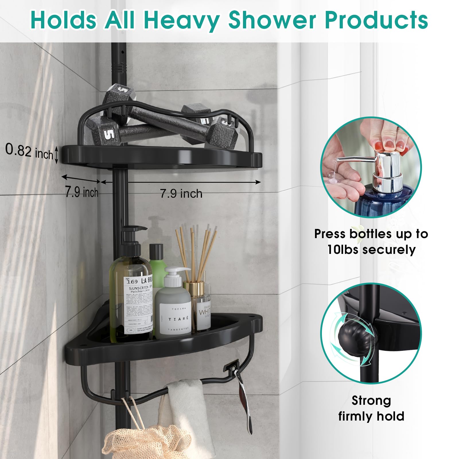 Shower Caddy Corner, 56 to 125 Inch Adjustable Tension Pole Corner Shower Caddy with ABS Baskets,Rustproof Stainless Pole, Drill Free Shower Rack, Large Shower Storage Shelf for Inside Shower