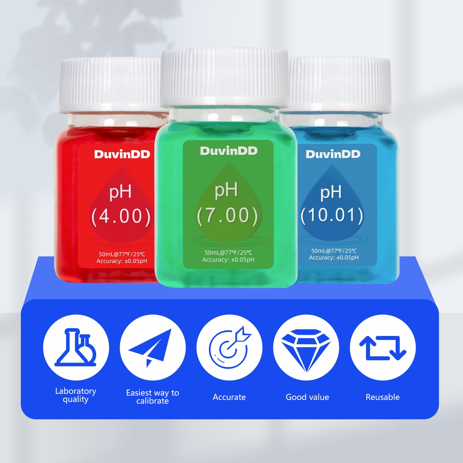 DuvinDD pH Meter Calibration Solution Kit - 3 Bottles 50ml (pH 4.00, 7.00 & 10.01) with 30ml pH Probe Electrode Solution, Professional Ready-Made pH Calibration Solution Plus KCL Storage Solution