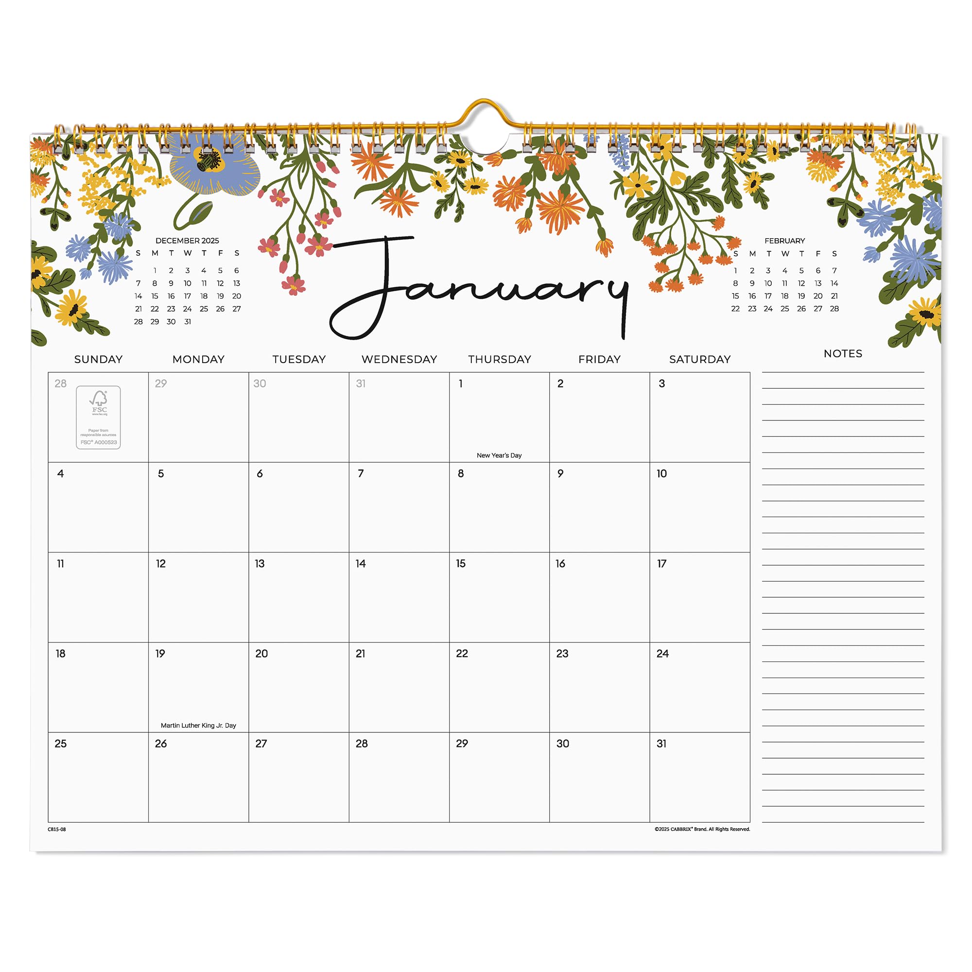 2026 Calendar - Cabbrix Wall Calendar 2026, 18 Monthly Calendar from July 2026 - December 2027, 15" x 12", Twin-Wire Binding, Hanging Hook, Floral Design