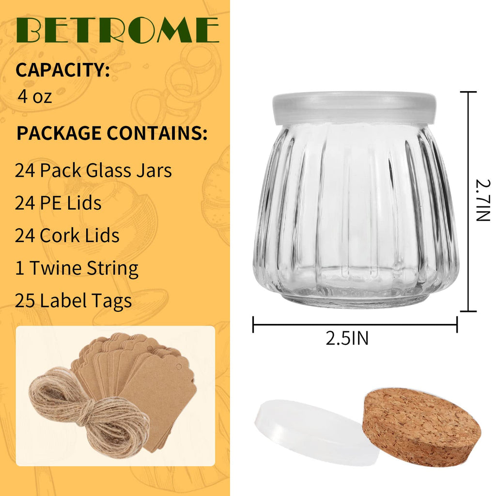 4 oz Glass Jars with PE Lids and Cork Lids, 24 Pack Mini Pudding Jars Clear Yogurt Jars Glass Favor Jars Containers for Spice, Jam, honey, Mousse, Wedding Favors, Shower Favors, DIY and Art