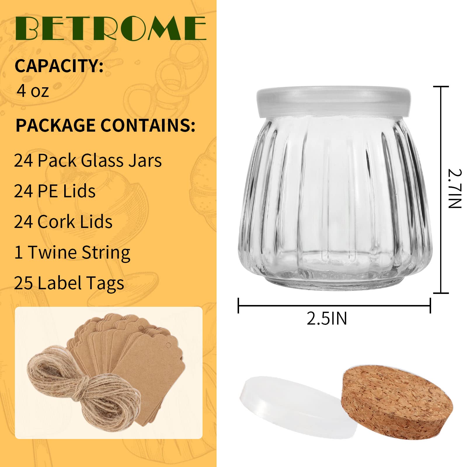 4 oz Glass Jars with PE Lids and Cork Lids, 24 Pack Mini Pudding Jars Clear Yogurt Jars Glass Favor Jars Containers for Spice, Jam, honey, Mousse, Wedding Favors, Shower Favors, DIY and Art