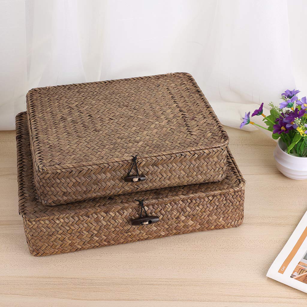 BTSKY Set of 2 Pack Woven Storage Baskets with Lids, Straw Wire Storage Organizer for Home/Office Supplies Such as Towels, Clothing, Cosmetics and Letters (Coffee)