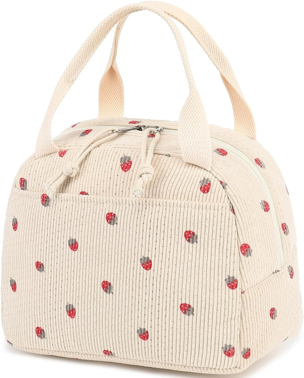 Lunch Bags for Women, Cute Stawberry Corduroy Lunch Bag, Insulated Lunch Box Boite a Lunch Femme Cooler Tote Bags, Leakproof Womens Lunch Bag for Work School Travel Picnic (Beige)