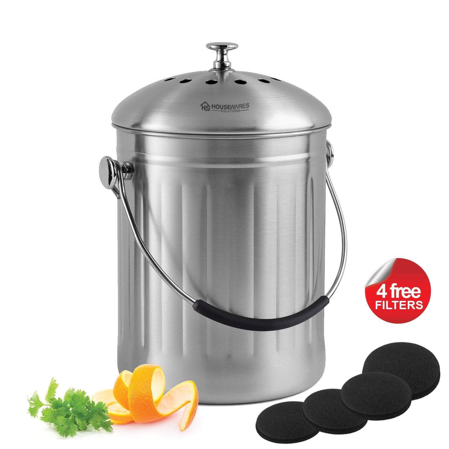 Leak Proof Stainless Steel Compost Bin 1.3 Gallon – Includes 4 Extra Free Filters