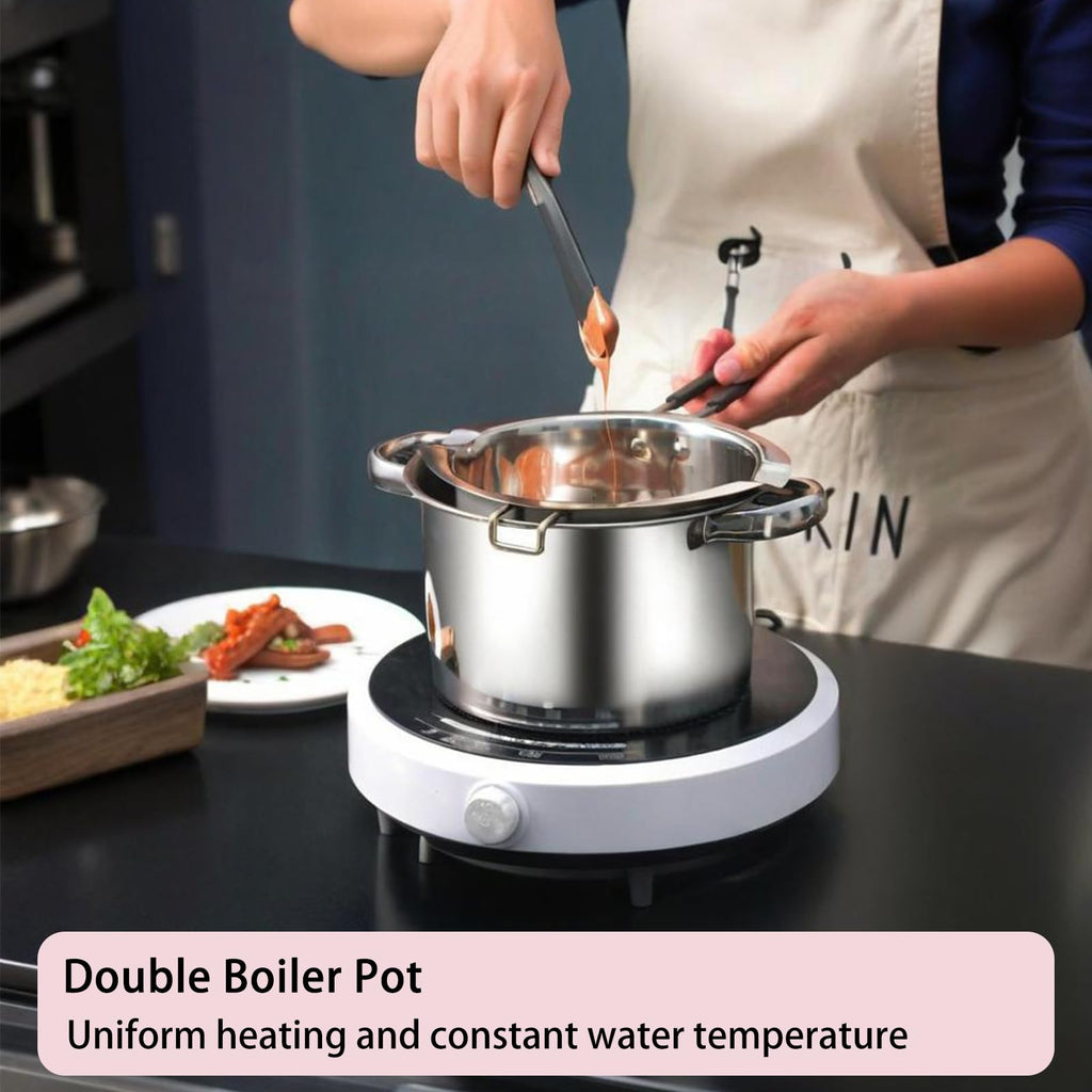 Uhuida 600ml Double Boiler, 304 Stainless Steel Bain Marie, Chocolate Melts Pot with Stirring Spoon, Stove Top Double Boilers for Butter, Candy, Cheese, Candles(Silver)