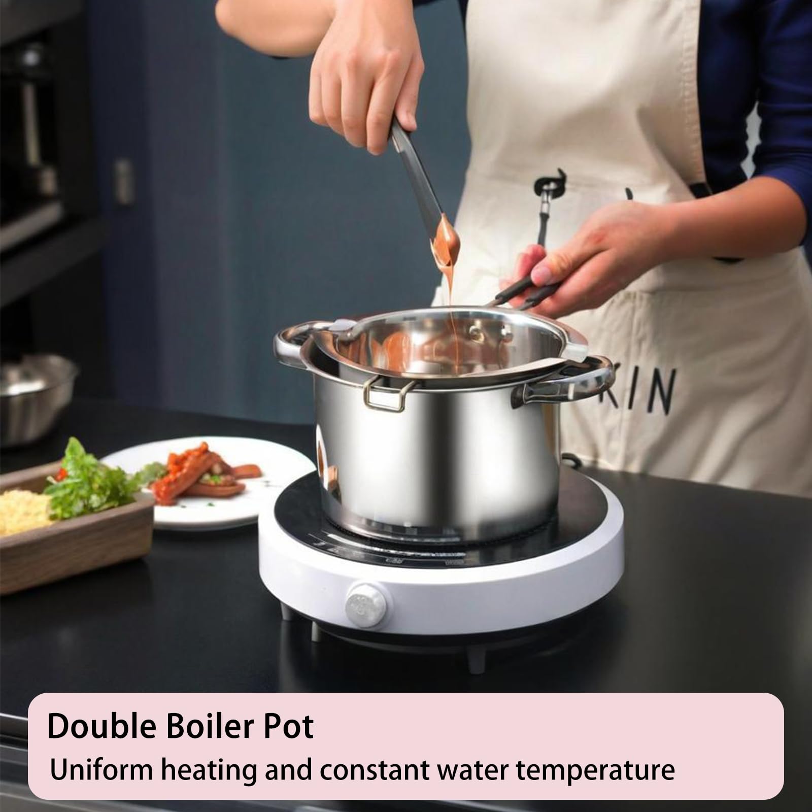 Uhuida 600ml Double Boiler, 304 Stainless Steel Bain Marie, Chocolate Melts Pot with Stirring Spoon, Stove Top Double Boilers for Butter, Candy, Cheese, Candles(Silver)