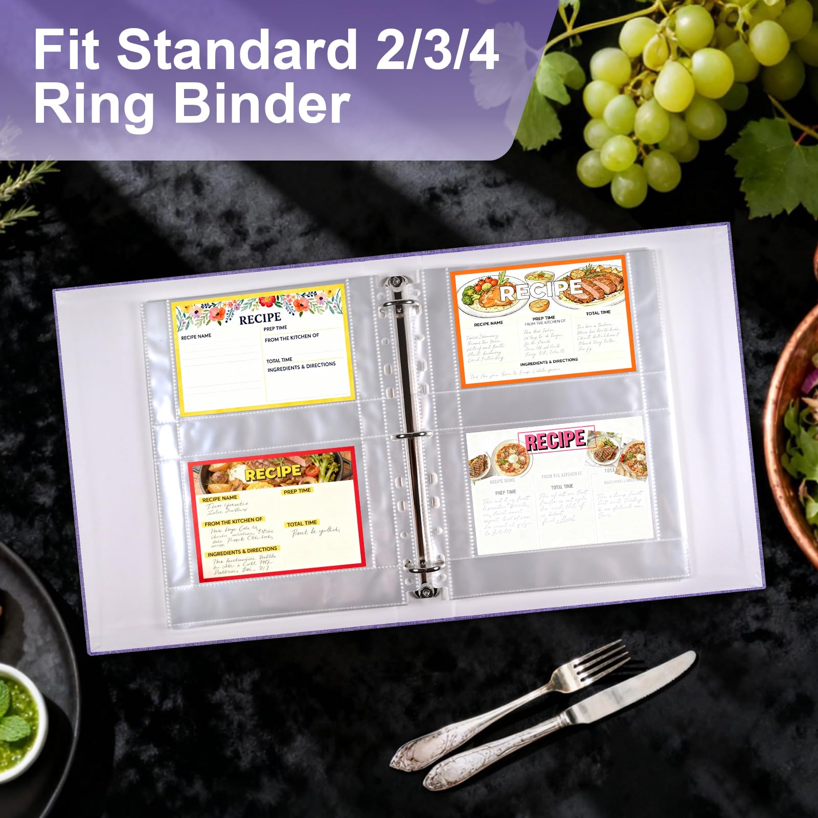 30 Pack 120 Pockets 4x6 Recipe Card Sleeves,3 Ring Binder Recipe Card Protector Pages，Double Sided 2 Pocket Refill Sheets for Recipe Book, 8.5x11 Inch Top Loading Clear Sleeve Sheets