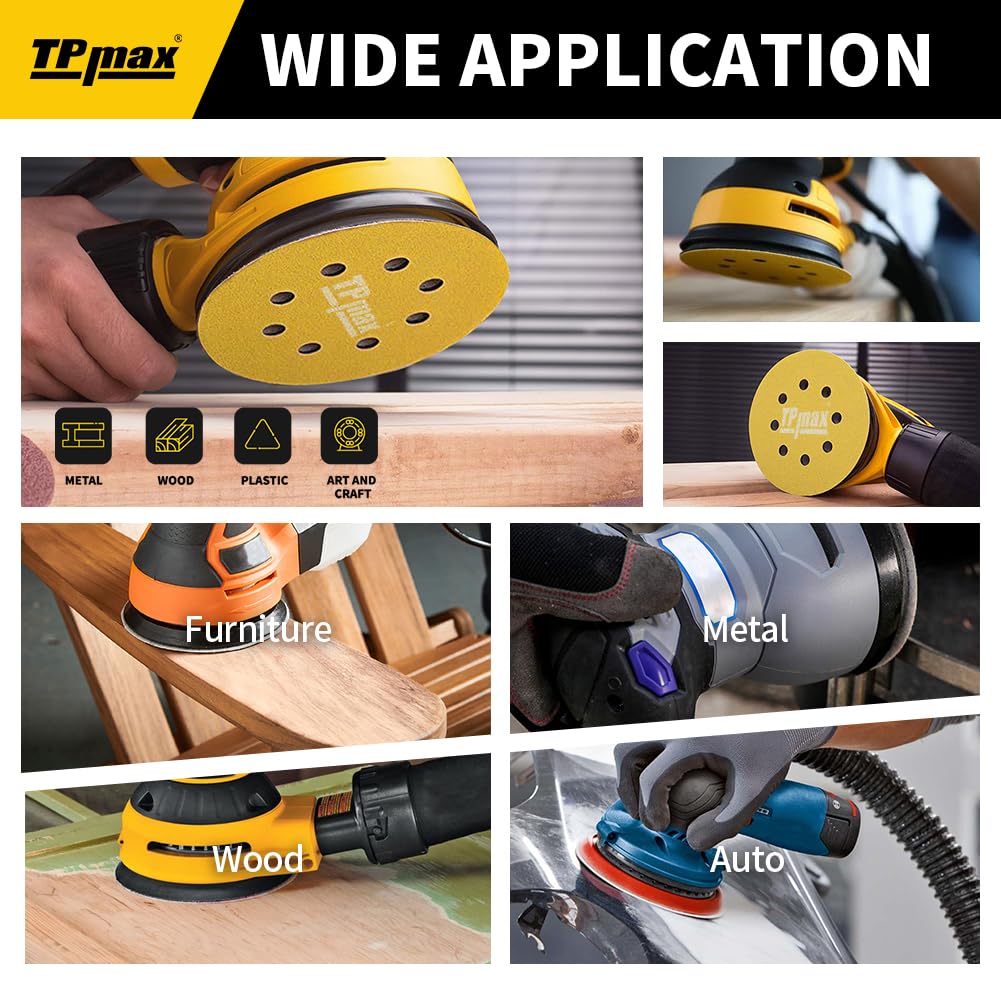 100PCS 5 Inch 125mm 8 Hole Sanding Discs Sandpaper Mixed Grits - Premium Gold Round Hook and Loop for Random Orbital Sander (60, 80, 120, 220, 320 Grit Variety Pack)