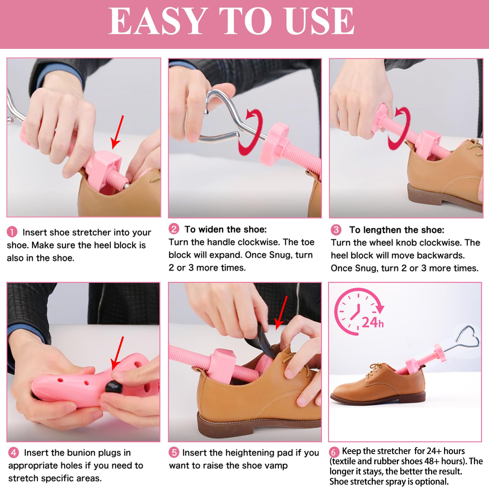 Shoe Stretcher Women, Pair of 4-way Adjustable Shoe Widener Expander to Stretch Length Width Height for Wide Feet, Tough Plastic Shoe Tree Shaper with Bonus 12 Bunion Plugs, Medium