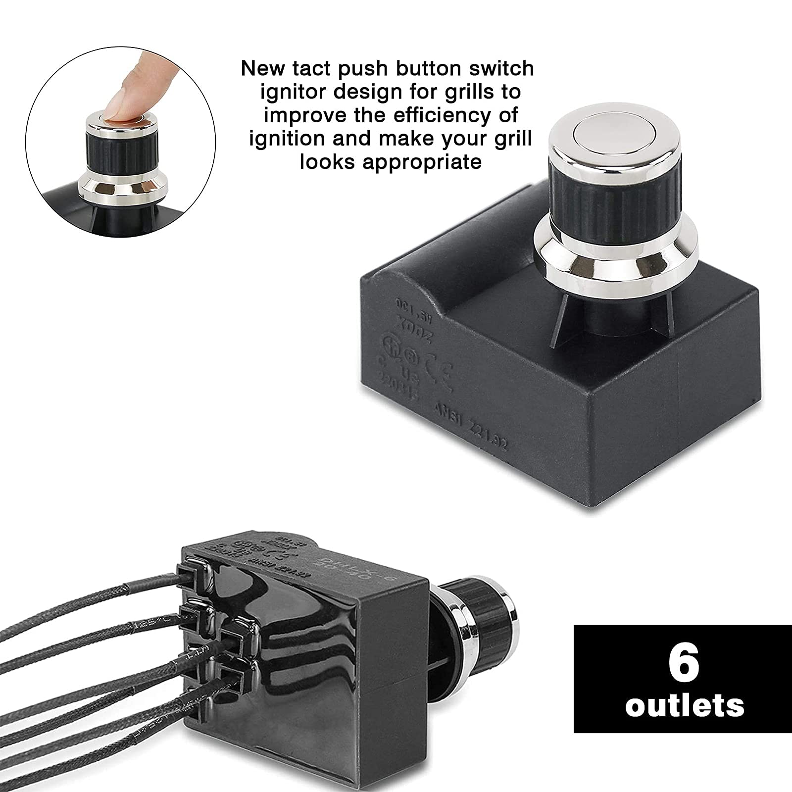 Hisencn 6 Outlets Tact Push Button Chrome Coated Universal Spark Generator Switch, Grill Ignitor Kit for Home Depot Nexgril 720-0830H, 720-0830D, 720-0888, 720-0888N and Most Nexgrill Grill Models