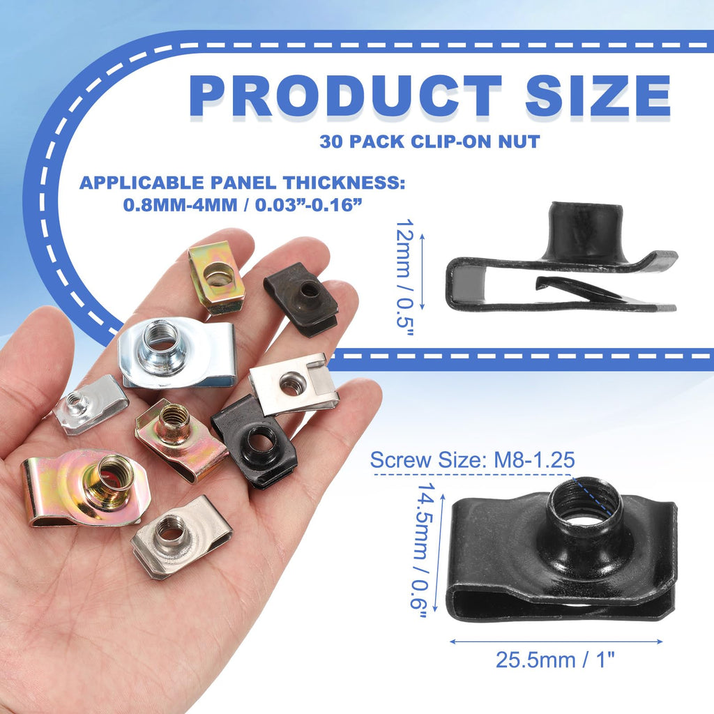 PATIKIL U-Style Clip-On Nut, 30 Pack M8-1.25 Regular Extruded U-Nut U-Type Fasteners Hardware Nuts for Automotive Metal Cars Motorcycles, Black